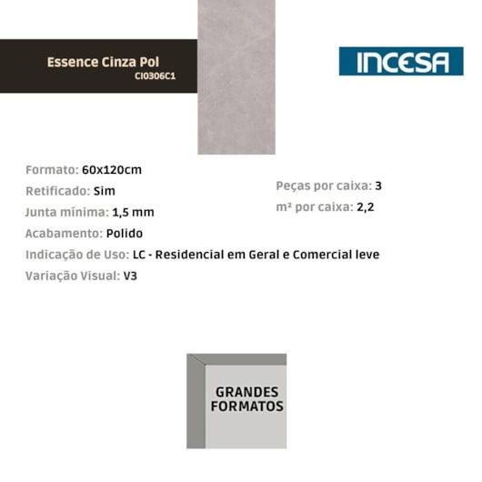 Porcelanato Incesa Essence Cinza Polido 60x120cm Retificado - Imagem principal - 31bd74ec-1756-4d9f-b2fd-d7c107abc3fe