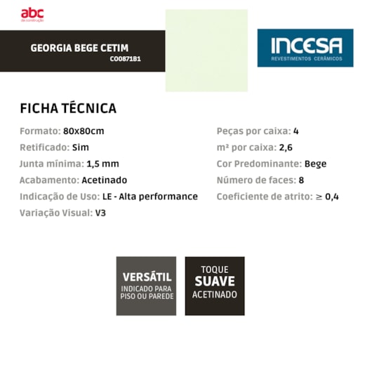 Porcelanato Incesa Georgia Bege Cetim 80x80cm Retificado - Imagem principal - 011de9d4-446d-4e6f-8df8-89fee600b4bd