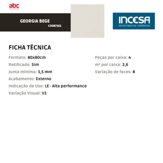 Porcelanato Incesa Georgia Bege Externo 80x80cm Retificado - Imagem principal - 33fa8ebd-8bb2-4dee-a401-c065bf69cb53