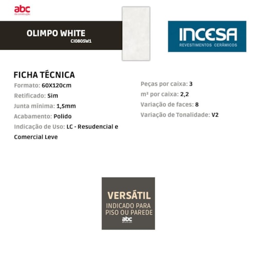 Porcelanato Incesa Olimpo White Polido 60x120cm Retificado - Imagem principal - 49b5e44b-b8f4-4b80-8175-18944c0b8b82