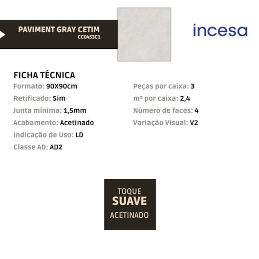 Porcelanato Incesa Paviment Gray Cetim Acetinado 90x90cm Retificado - Imagem principal - 6f9c5ba7-fbb7-4694-a7c4-b01caf14d1b9