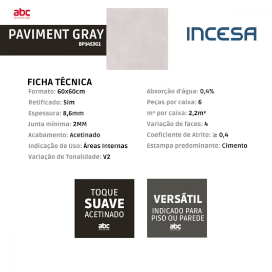 Porcelanato Incesa Paviment Gray Cinza Acetinado 60x60cm Retificado  - Imagem principal - ddbffd98-771f-4ff3-a2dc-8f55fe4e8b7c