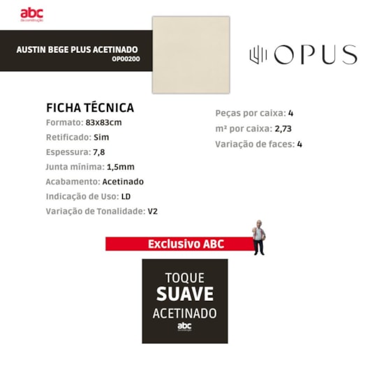 Porcelanato Opus Austin Acetinado Bege Plus 83x83cm Retificado - Imagem principal - 4ee84043-f151-403e-8c52-151369bd551a