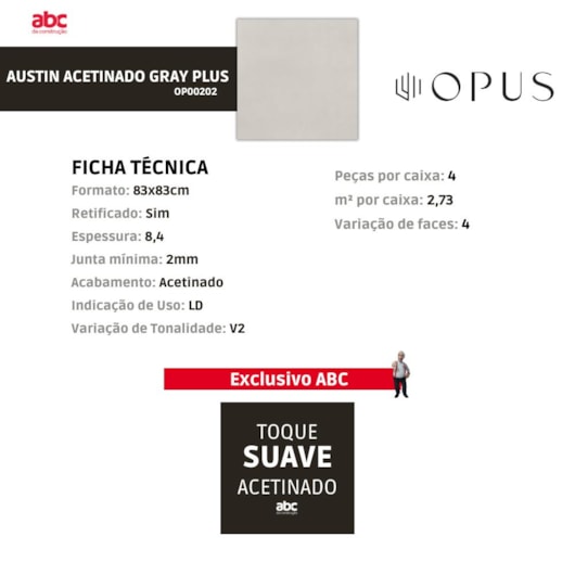 Porcelanato Opus Austin Acetinado Gray Plus 83x83cm Retificado - Imagem principal - 45a4594e-ccb1-4361-b2c3-3a32de79e196