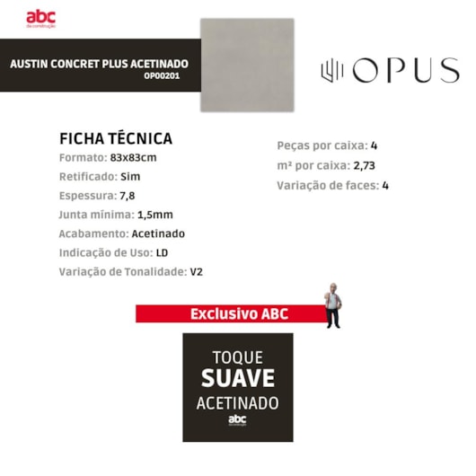 Porcelanato Opus Austin Concret Plus Acetinado 83x83cm Retificado - Imagem principal - 1a01de53-77ca-4b6f-aed9-654c73fe27a8