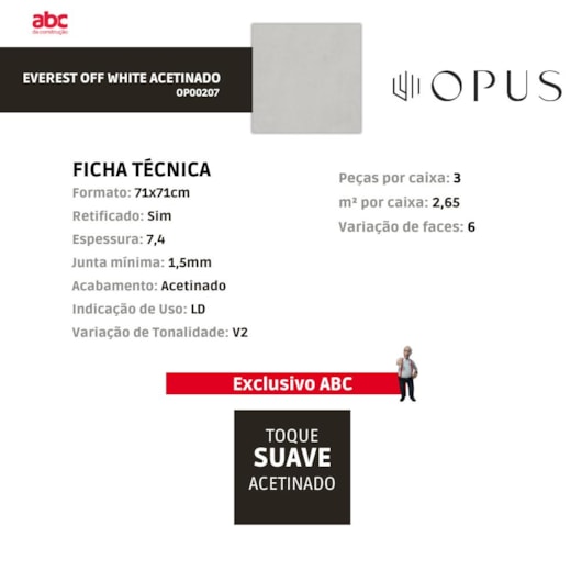 Porcelanato Opus Everest Acetinado Off White 94x94cm Retificado - Imagem principal - 8627c1b8-ecf1-4b24-82ba-afc3d9988536