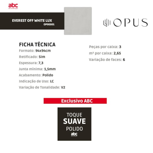 Porcelanato Opus Everest Off White Lux 94x94cm Retificado - Imagem principal - 1344d3b6-f02c-431d-9d54-648e3e181dee