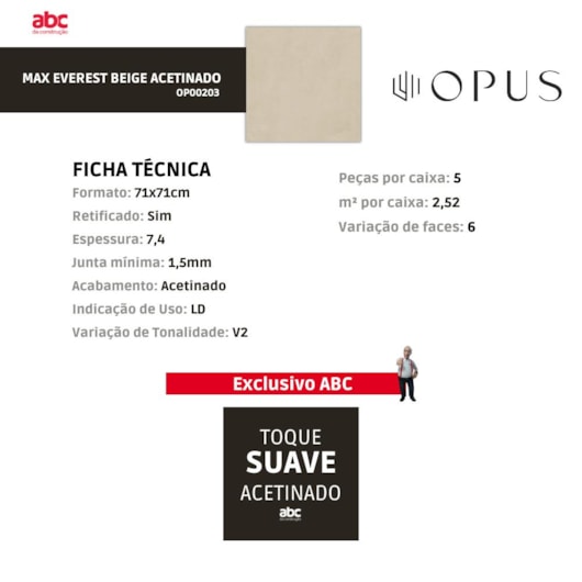 Porcelanato Opus Max Everest Acetinado Beige 71x71cm Retificado - Imagem principal - 668f196d-e17a-4dc5-80d9-cdd0fc082d94