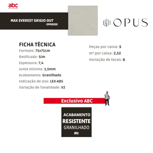 Porcelanato Opus Max Everest Grigio Out 71x71cm Retificado - Imagem principal - 029e1683-97e3-4119-84ff-d74f354a2794