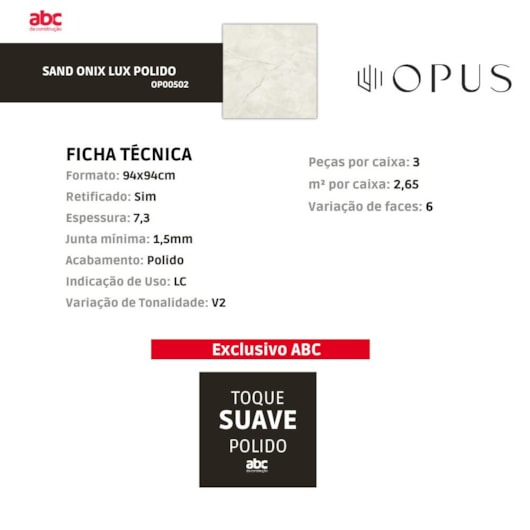 Porcelanato Opus Sand Polido Onix Lux 94x94cm Retificado - Imagem principal - 8909a176-12ea-49f4-a034-889713aa9b0a