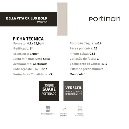 Porcelanato Portinari Bella Vita Cr Lux 8x25cm Bold - Imagem principal - cc172e50-f82c-4c4d-9ad5-b63e330735ef