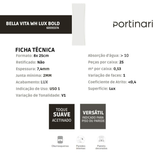 Porcelanato Portinari Bella Vita Wh Lux 8x25cm Bold - Imagem principal - 9bec964e-17e9-4a74-954e-5f55ca979ff9