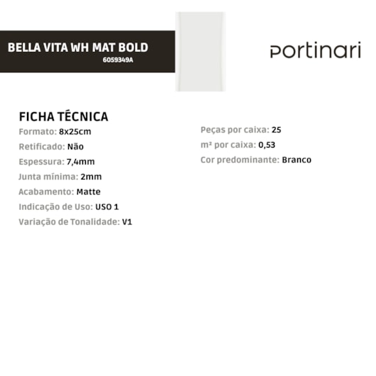 Porcelanato Portinari Bella Vita Wh Matte 8x25cm Bold - Imagem principal - 857e113c-6fbe-4bbb-932d-815c8a243378