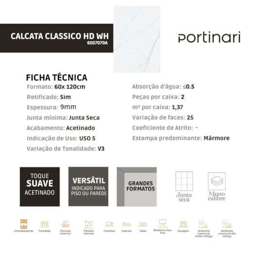 Porcelanato Portinari Calacata Classico Acetinado 60x120cm Branco Retificado  - Imagem principal - 08e44478-9e73-4b0c-8bda-4657a94fa2c7