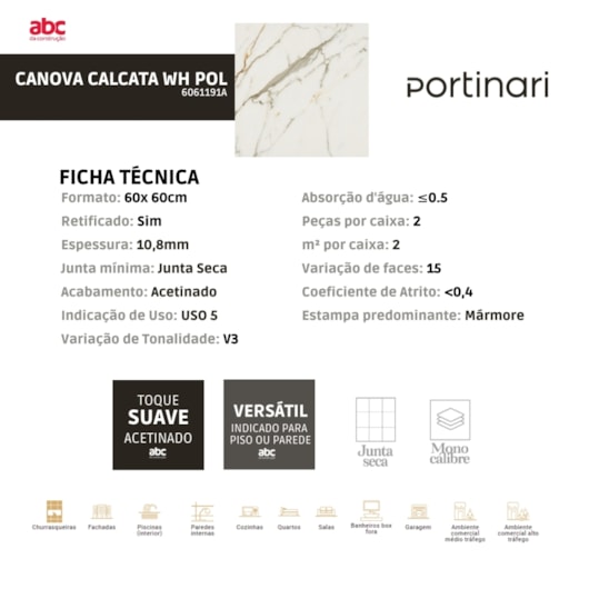 Porcelanato Portinari Canova Calacata Wh Polido 100x100cm Retificado - Imagem principal - f2b1768c-6115-4f0b-baa3-66da129fd150