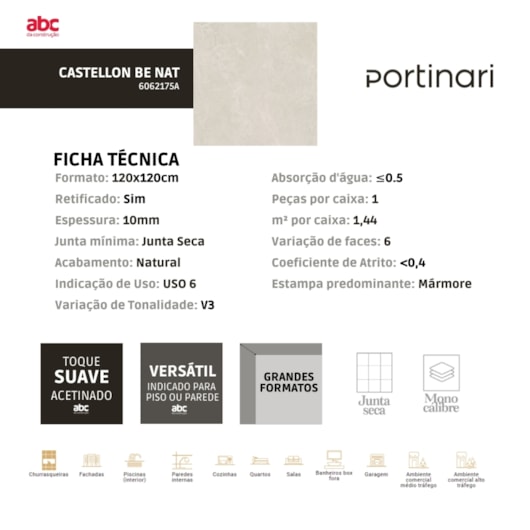 Porcelanato Portinari Castellon Bege Natural 120x120cm Retificado - Imagem principal - c7be5a05-2171-44d8-9b83-9223d34cf175