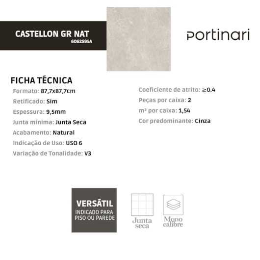 Porcelanato Portinari Castellon Gr Natural A 87,7x87,7cm Retificado - Imagem principal - 68d3796e-583b-4b01-8ce5-5a9e834f507b