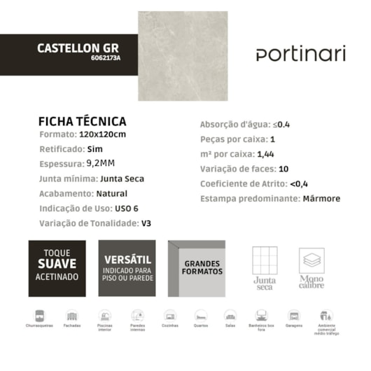 Porcelanato Portinari Castellon Grigio Natural 120x120cm Retificado - Imagem principal - 9b647923-97b9-4990-b8bc-a244e2599eaa