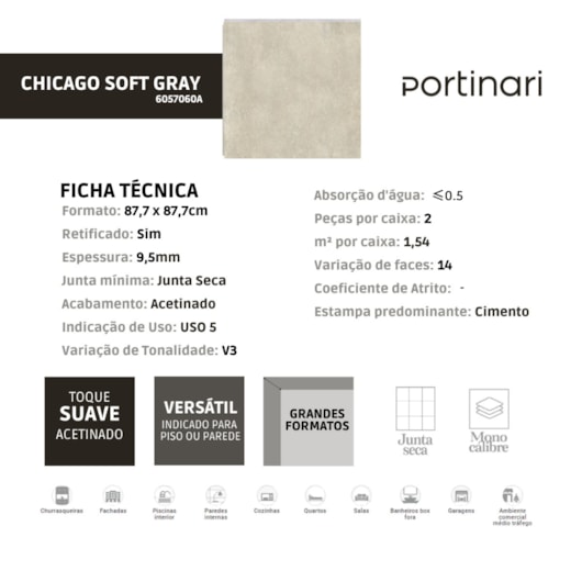 Porcelanato Portinari Chicago HD SGR Acetinado 87,7x87,7cm Retificado  - Imagem principal - f7c39e49-9c21-45d8-8367-ab424a58555a