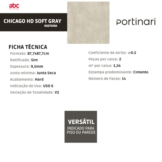 Porcelanato Portinari Chicago Hd Soft Gray Hard 87,7x87,7cm Retificado - Imagem principal - 01ac20fb-6c3f-4fc9-9a61-bb91b410a8c1