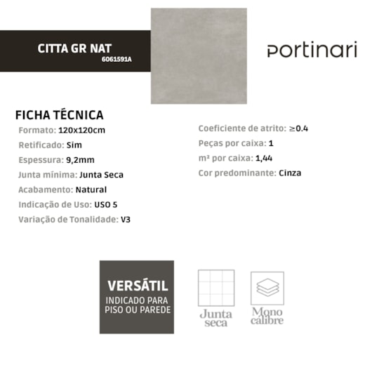 Porcelanato Portinari Citta Gr Natural 120x120cm Retificado - Imagem principal - 196dc53c-c840-474f-93db-6b3d352d3c06