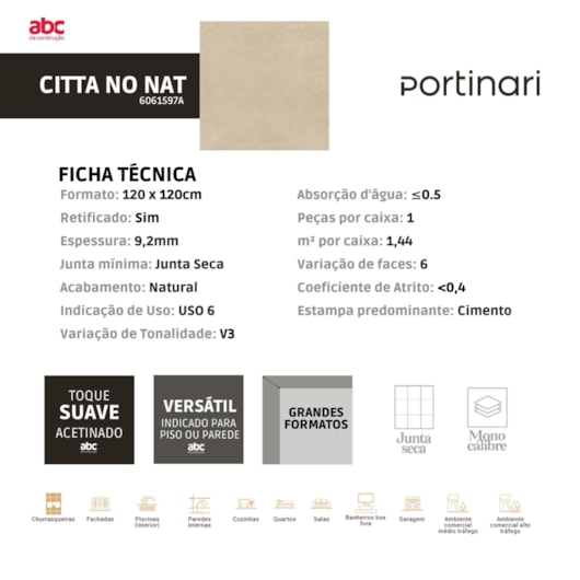 Porcelanato Portinari Citta No Natural 120x120cm Retificado - Imagem principal - aaa52009-ea44-4431-a6d8-482793a00d22