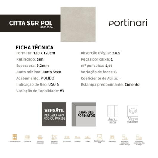 Porcelanato Portinari Citta Sgr Polido 120x120cm Retificado - Imagem principal - f9e7a48f-511f-4f9a-8c7a-d01027fa80e7