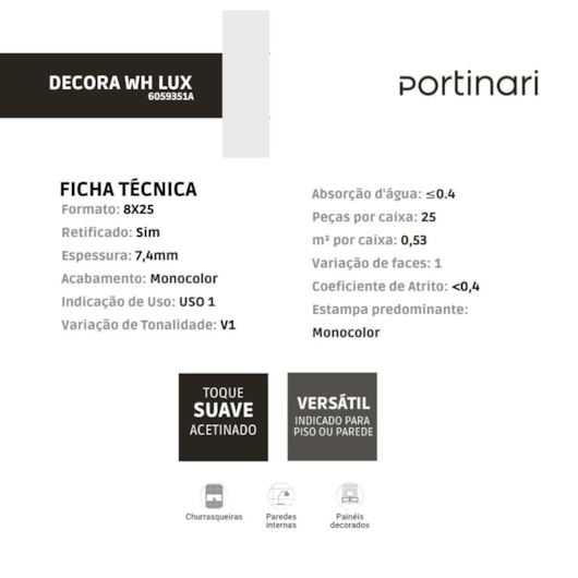 Porcelanato Portinari Decora White Lux Branco 8x25cm Bold - Imagem principal - d1429dbb-8c35-4bab-8f52-27378de33137