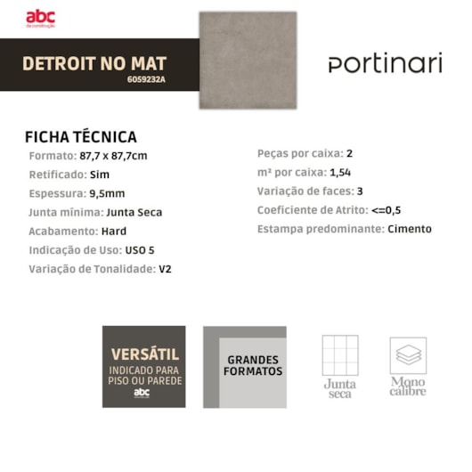 Porcelanato Portinari Detroit NO MAT Hard 87,7x87,7cm Retificado - Imagem principal - 36c6f329-3593-4a9c-abb8-ea04a8bff750