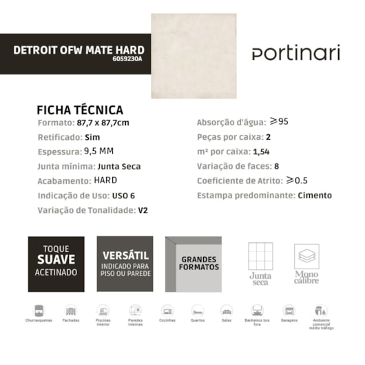 Porcelanato Portinari Detroit Off White Hard 87,7x87,7cm Branco Retificado  - Imagem principal - 5ed1f01f-169a-44e1-bfc5-6a5c5326de9e