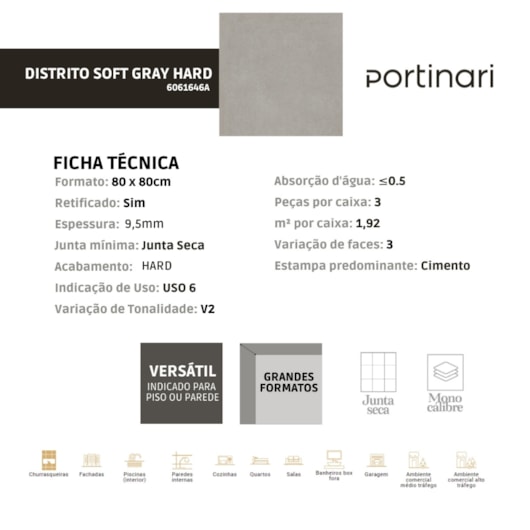 Porcelanato Portinari Distrito Soft Gray Hard Pei4 80x80cm Retificado - Imagem principal - ec8b05e9-ac37-4d50-9d88-6cd05f140aaa