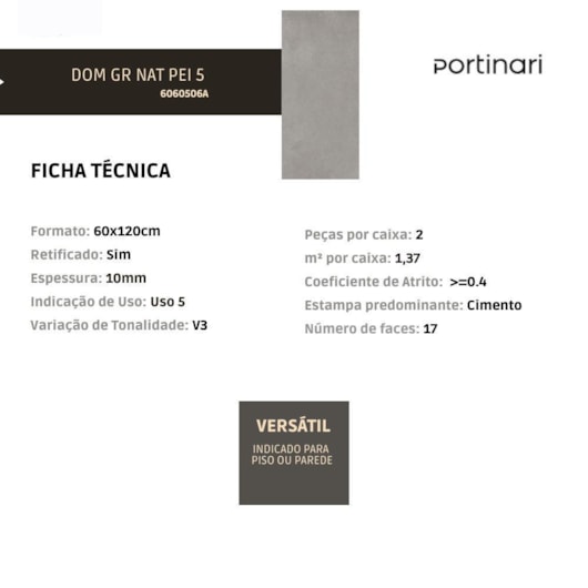 Porcelanato Portinari Dom Gray Natural 60x120cm Retificado - Imagem principal - 0d705fd5-4a89-4965-9f75-85ecb175f3d6