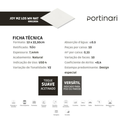Porcelanato Portinari Joy Mz Los Wh Natural 13x22,50cm Bold