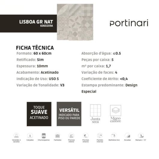 Porcelanato Portinari Lisboa Gr Natural 58,4x58,4cm Retificado - Imagem principal - e3603503-820f-4228-a9c6-af3088a80fe7
