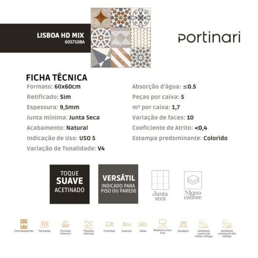 Porcelanato Portinari Lisboa Hd Mix Acetinado 58,4x58,4cm Retificado - Imagem principal - 0d2e7292-6bef-4245-add7-394b683104e0