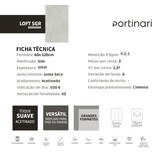 Porcelanato Portinari Loft Soft Acetinado 58,4X117cm Retificado  - Imagem principal - 3d35c4a0-b1cf-424f-9d7d-fe4493b7af63