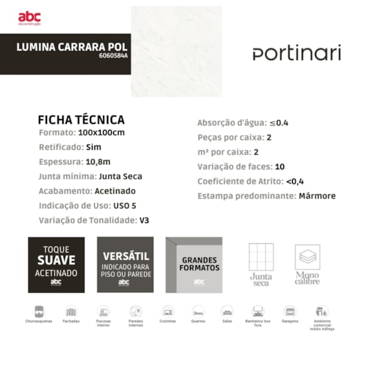 Porcelanato Portinari Lumina Carrara Polido 100x100cm Retificado - Imagem principal - 810070af-774a-4e78-b7e9-27721d540125
