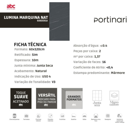 Porcelanato Portinari Lumina Marquina Natural 60x120cm Retificado - Imagem principal - 3ca71b8c-1980-48d4-808d-99876903938d