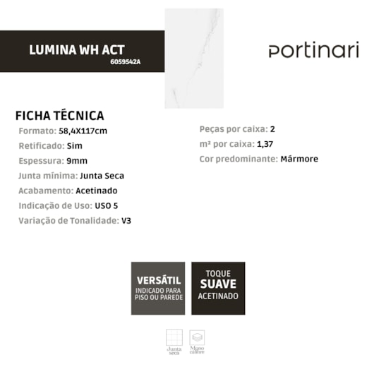 Porcelanato Portinari Lumina Wh Acetinado 60x120cm Retificado - Imagem principal - 0aa51a16-29e4-4b29-9587-965ec0aa6299