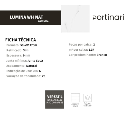 Porcelanato Portinari Lumina Wh Natural 58,4x117cm Retificado - Imagem principal - a98f513c-c69d-486a-a978-9980208ef3f9