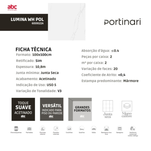 Porcelanato Portinari Lumina Wh Polido 100x100cm Retificado - Imagem principal - 55b1689a-acf8-4745-b5ce-e6588cd80af6