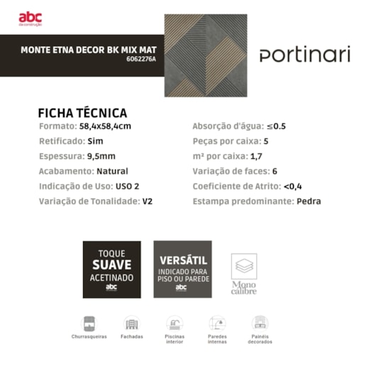 Porcelanato Portinari Monte Etna Decor Bk Mix Matte 58,4x58,4cm Retificado - Imagem principal - 31feb00b-5771-4c66-9bca-380cc6d8d8e0