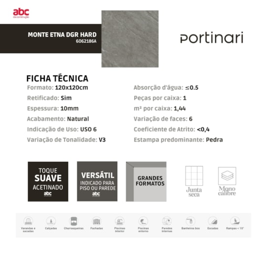 Porcelanato Portinari Monte Etna Dgr Hard Pei6 120x120cm Retificado - Imagem principal - 1a335c3e-99a3-495e-8d2e-ee8195c0584c