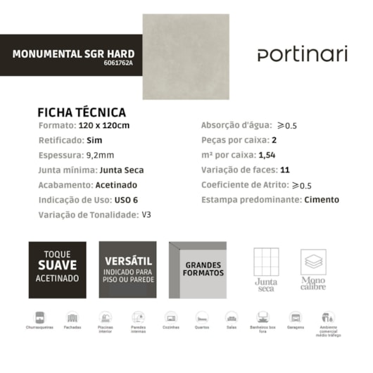 Porcelanato Portinari Monumental SGR Hard 120x120cm Cinza Retificado  - Imagem principal - 58ba887d-5647-4ed1-af1f-5bfc80a167fb