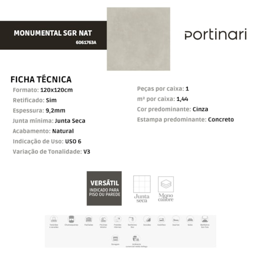 Porcelanato Portinari Monumental Soft Gray Natural 120x120cm Retificado - Imagem principal - 3f493574-4a95-4b8d-9296-fbc41b88bd6a