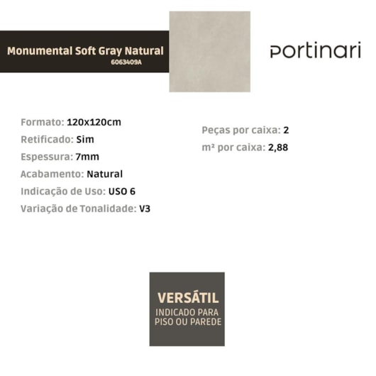 Porcelanato Portinari Monumental Soft Gray Natural 120x120cm Retificado - Imagem principal - ded3060a-1f1f-47d4-96ea-c4f57e2fa5be