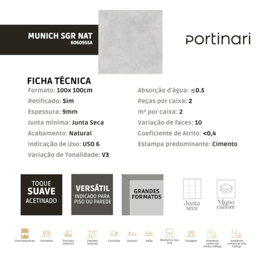 Porcelanato Portinari Munich Sgr Natural 100x100cm Cinza Retificado  - Imagem principal - 173aa354-89cd-4304-84ef-db8fafd2ed0c