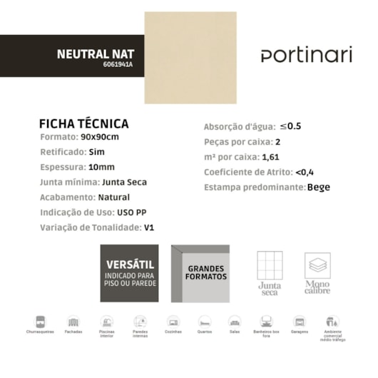 Porcelanato Portinari Neutral Natural 89,8x89,8cm Retificado  - Imagem principal - 104db42c-8f83-4071-b152-d80764b5a20f