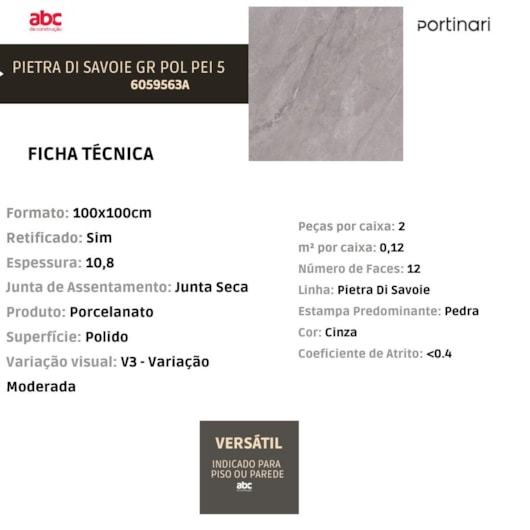 Porcelanato Portinari Pietra Di Savoie Gr Polido 100x100cm Retificado - Imagem principal - b0ca275b-d67a-4e4e-a2ff-3e49dee16ad6