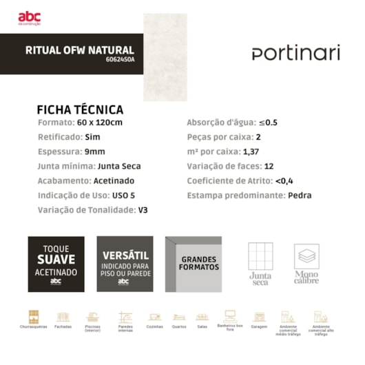 Porcelanato Portinari Ritual Ofw Natural 60x120cm Retificado - Imagem principal - 00ac75fd-af80-49d9-82b2-5ed330aeeee7